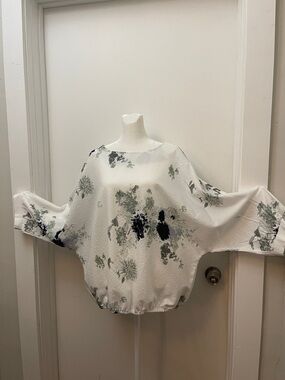 White Floral Batwing Sweatshirt with Green & Black Print